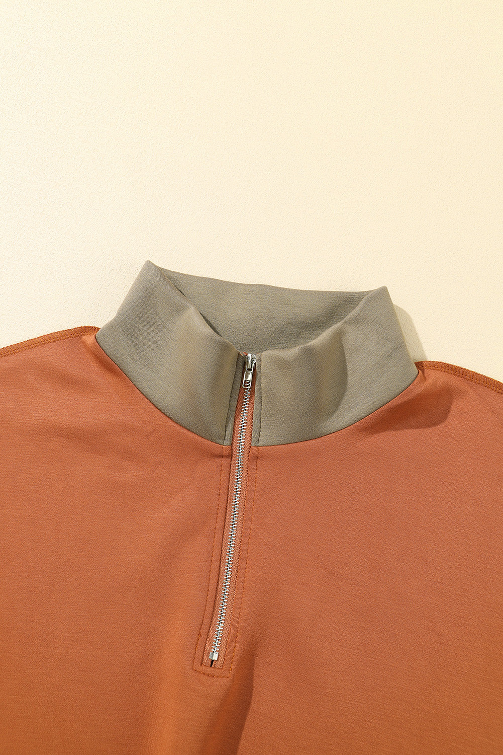 Khaki Exposed Seam Color Block Zipped Sweatshirt