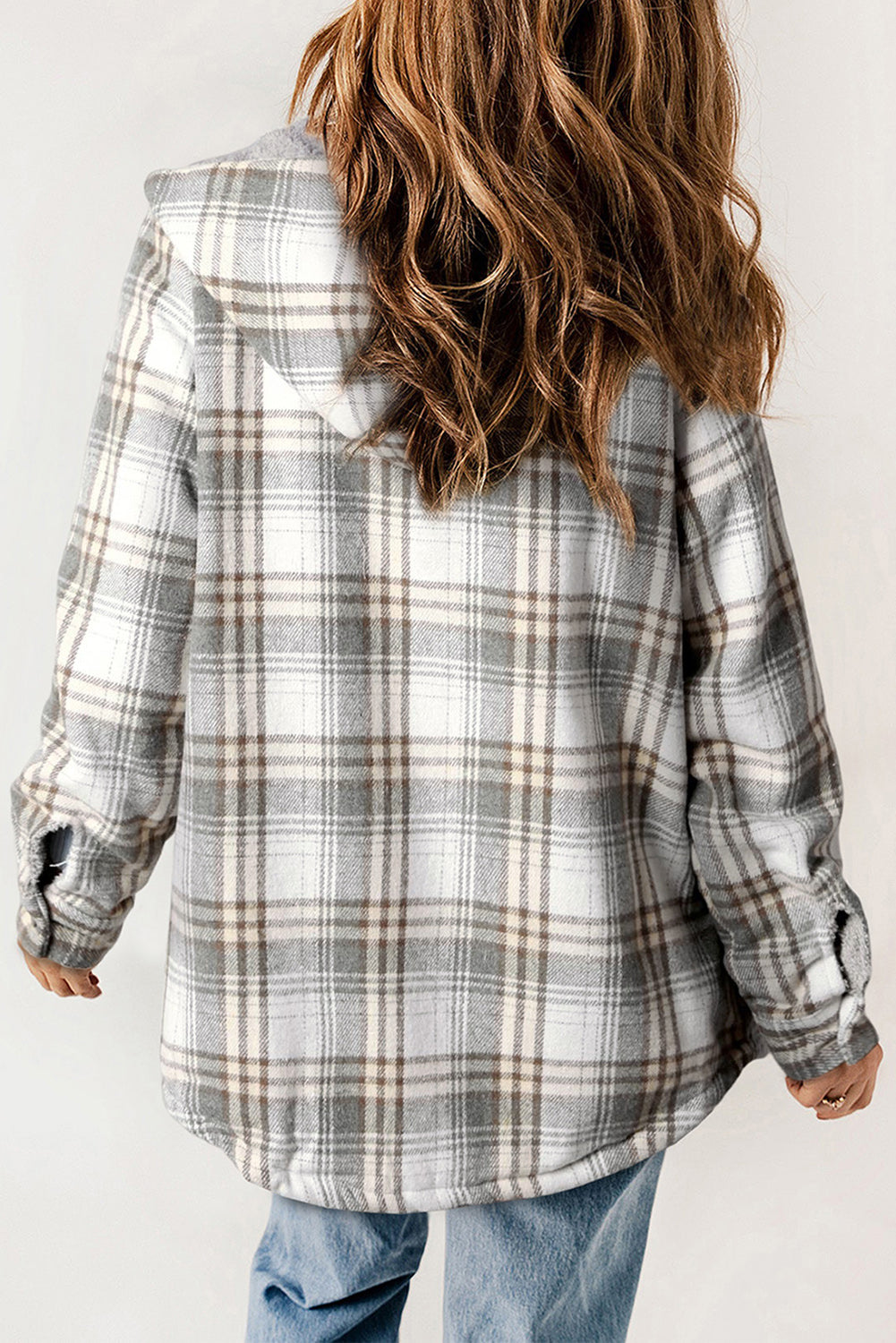 Orange Plaid Pattern Sherpa Lined Hooded Shacket