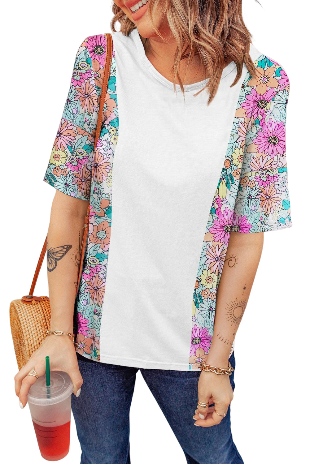 Multicolor Flower Print Pocketed Drawstring Waist Wide Leg Pants