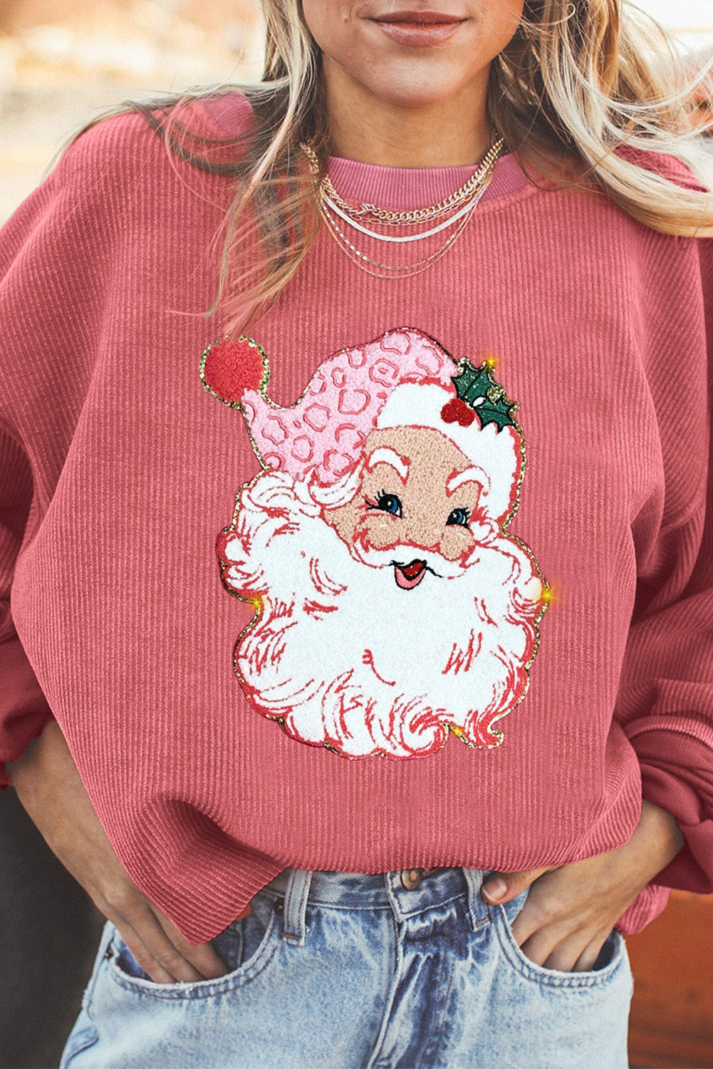 Strawberry Pink IN MY MERRY ERA Loose Fit Corded Sweatshirt