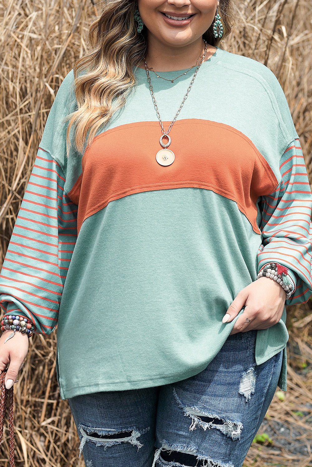 Peach Blossom Colorblock Striped Bishop Sleeve Top