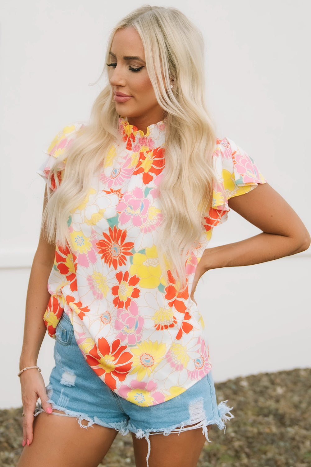 Multicolor Plus Size Floral Button Keyhole Back Ruffle Romper