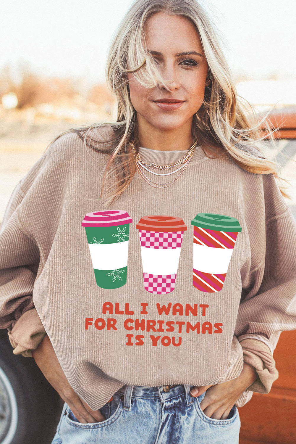 Strawberry Pink IN MY MERRY ERA Loose Fit Corded Sweatshirt