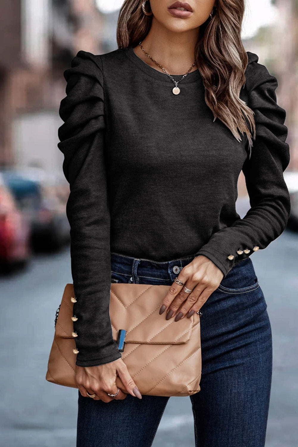 Gray Buttoned Puff Long Sleeve Sheath Top