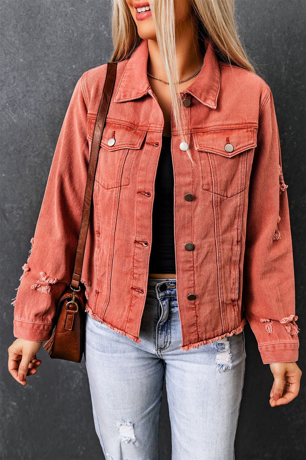 Dark Blue Plus Size Distressed Flap Pocket Denim Jacket
