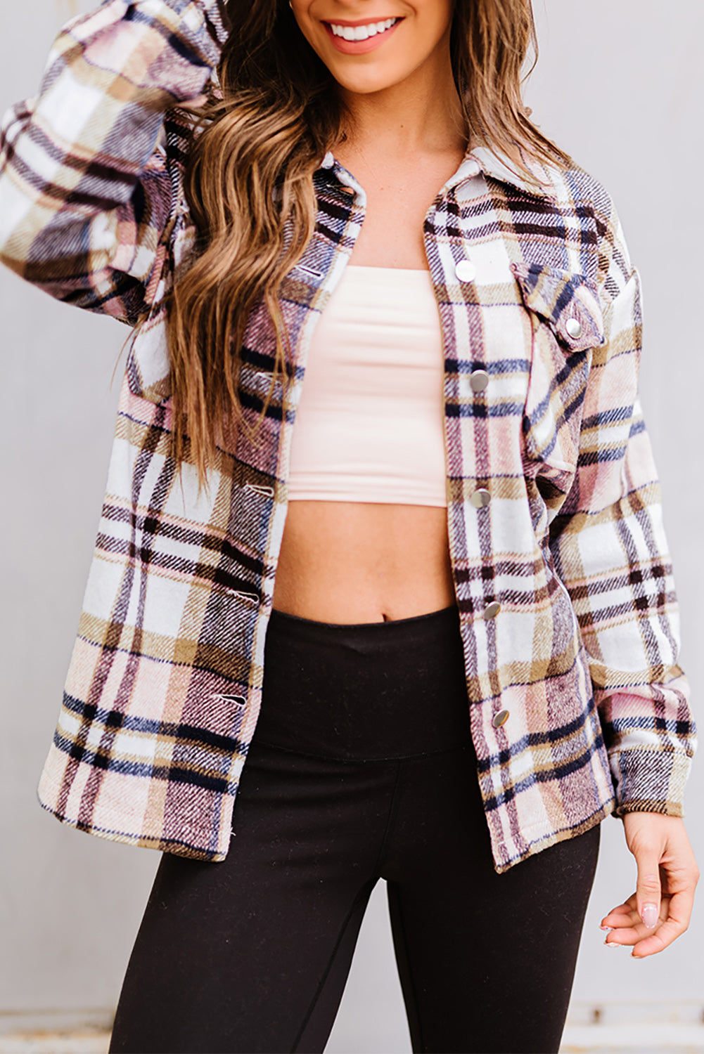 Navy Blue Plus Size Plaid Flap Pocket Shacket