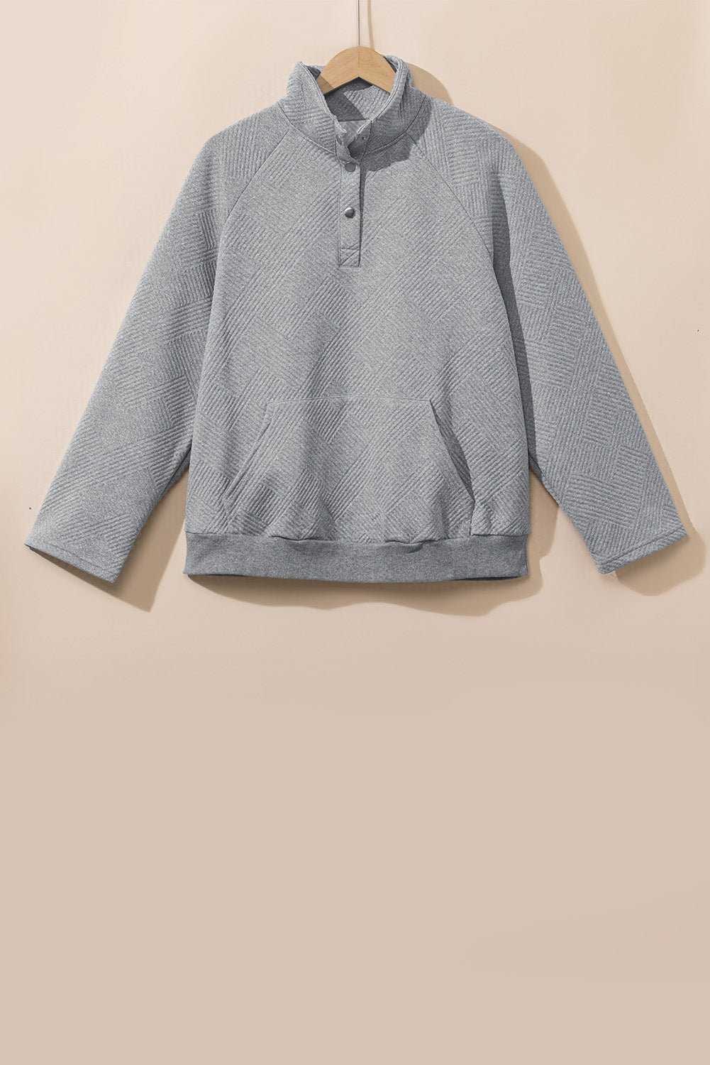 Light Grey Textured Knit Buttoned Kangaroo Pocket Sweatshirt