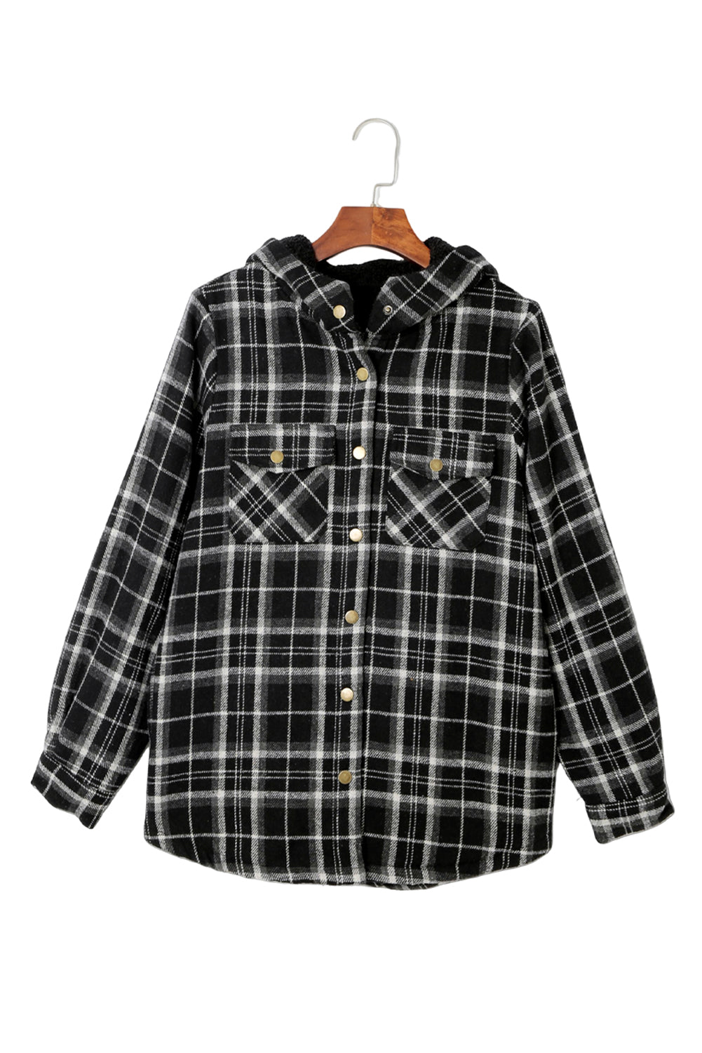 Orange Plaid Pattern Sherpa Lined Hooded Shacket