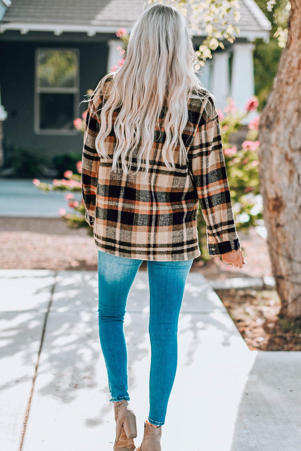 Navy Blue Plus Size Plaid Flap Pocket Shacket