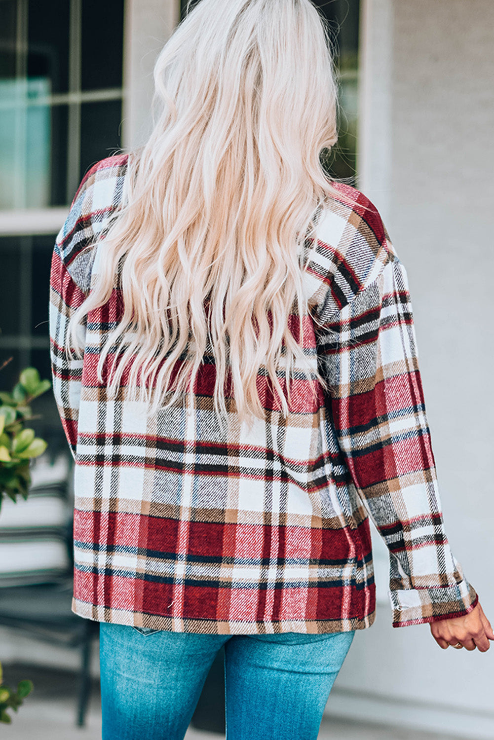 Navy Blue Plus Size Plaid Flap Pocket Shacket