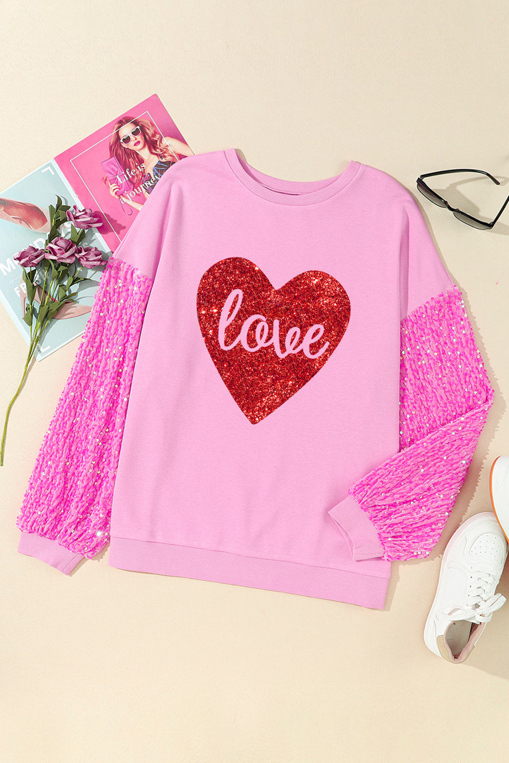 Pink Plus Size Sequin Sleeves Nutcracker Graphic Sweatshirt