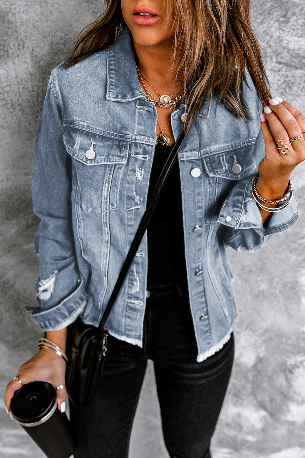 Dark Blue Plus Size Distressed Flap Pocket Denim Jacket