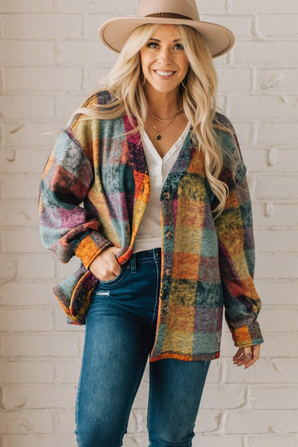 Multicolor Brushed Plaid Buttoned Pullover Oversized Hoodie
