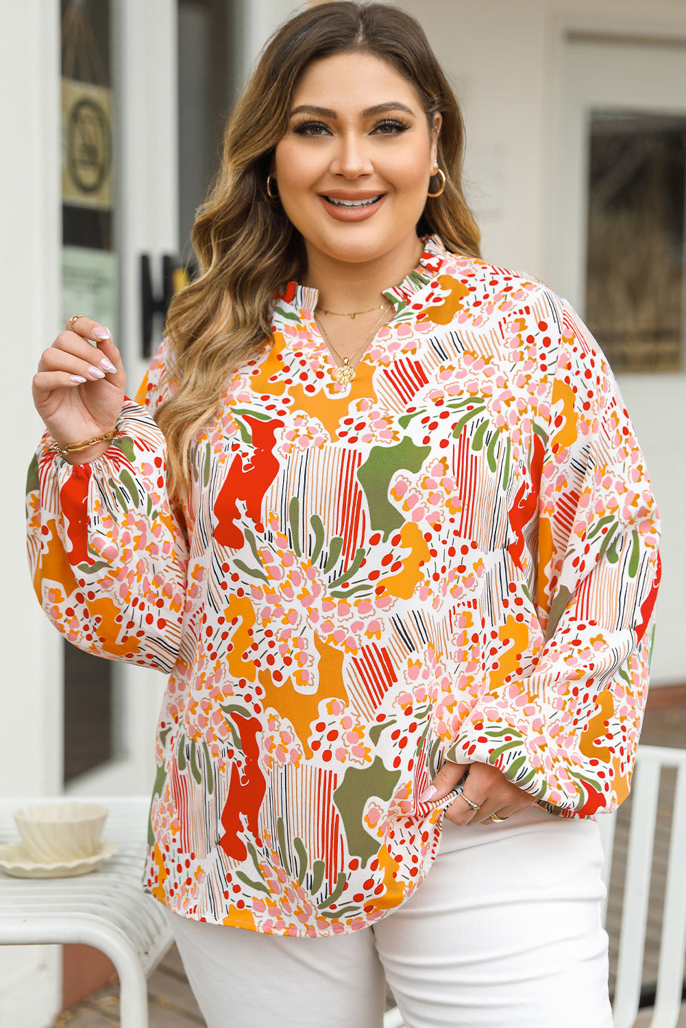 Multicolour Plus Size Mix Floral Puff Sleeve Ruffled Dress