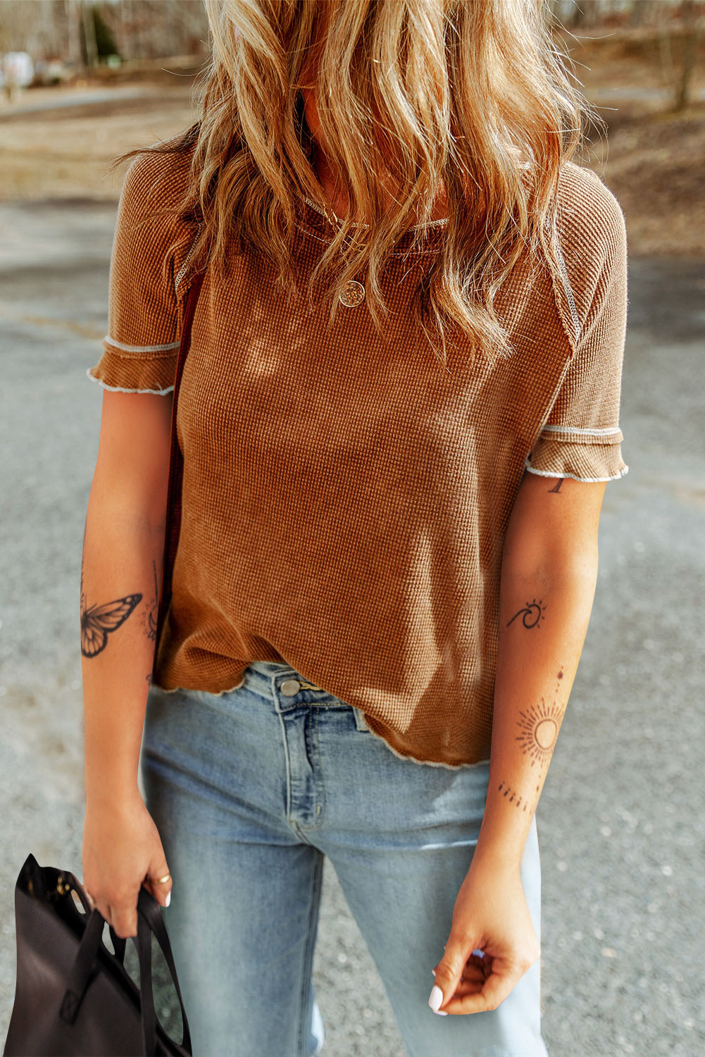 Fiery Red Textured Round Neck Long Sleeve Top
