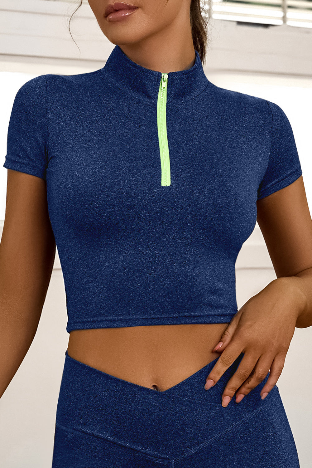Blue Half Zipper Short Sleeve Active Crop Top