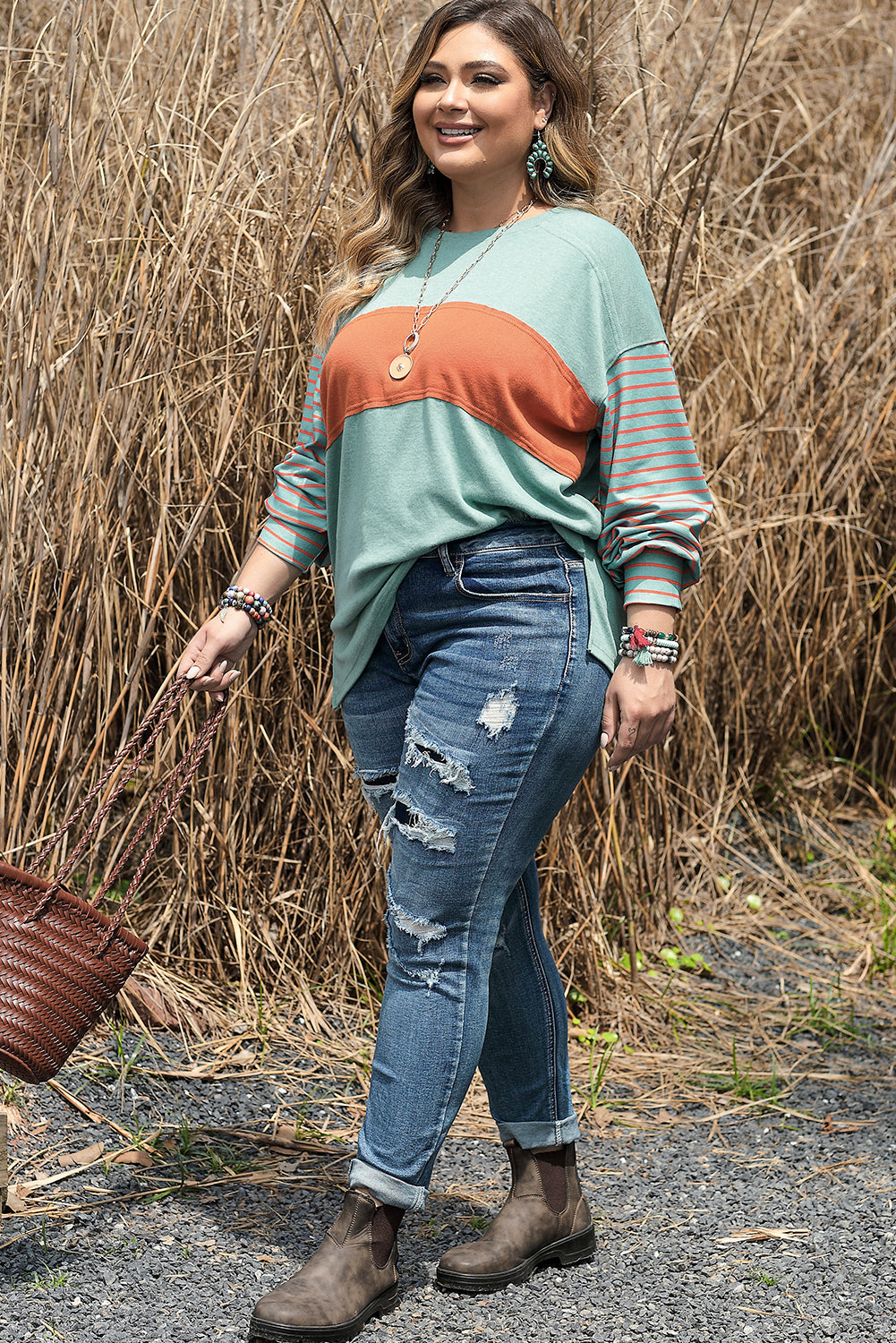 Peach Blossom Colorblock Striped Bishop Sleeve Top
