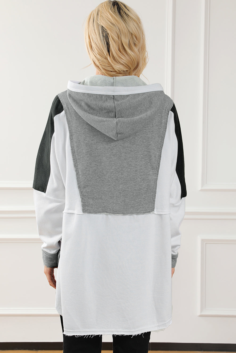 Gray Color Block Exposed Seam Buttoned Neckline Hoodie