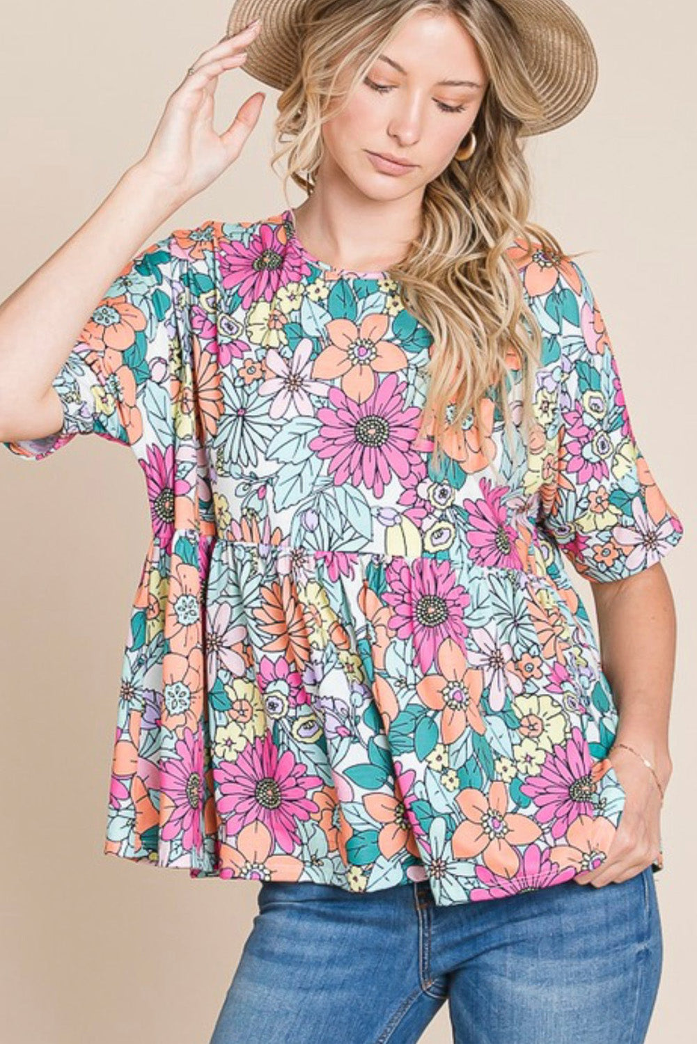 Multicolor Flower Print Pocketed Drawstring Waist Wide Leg Pants
