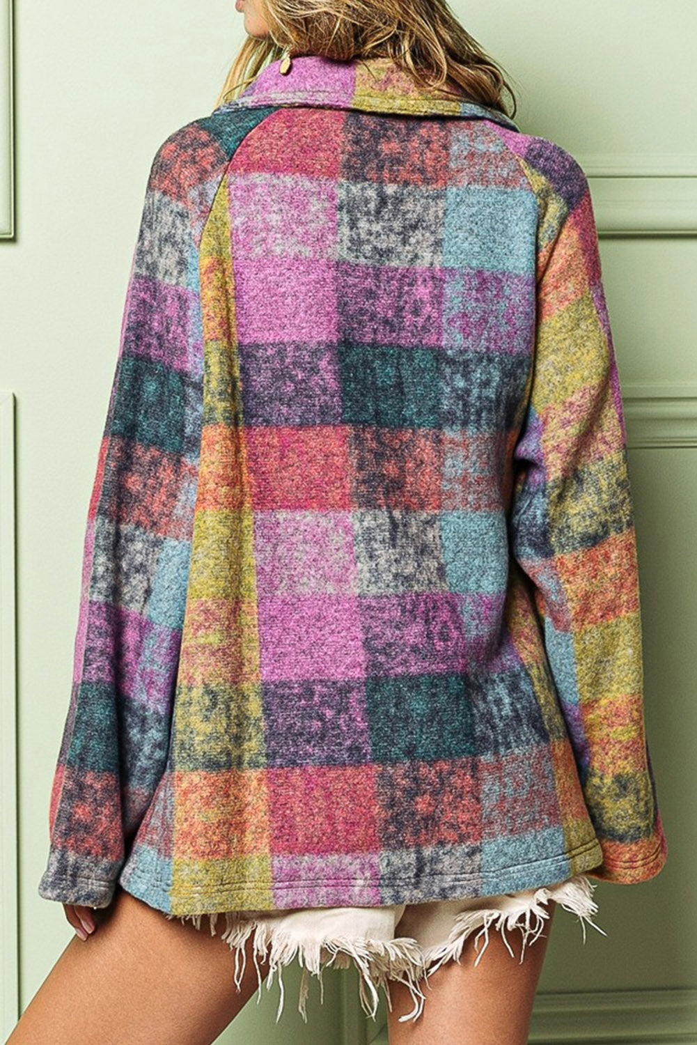 Multicolor Brushed Plaid Buttoned Pullover Oversized Hoodie