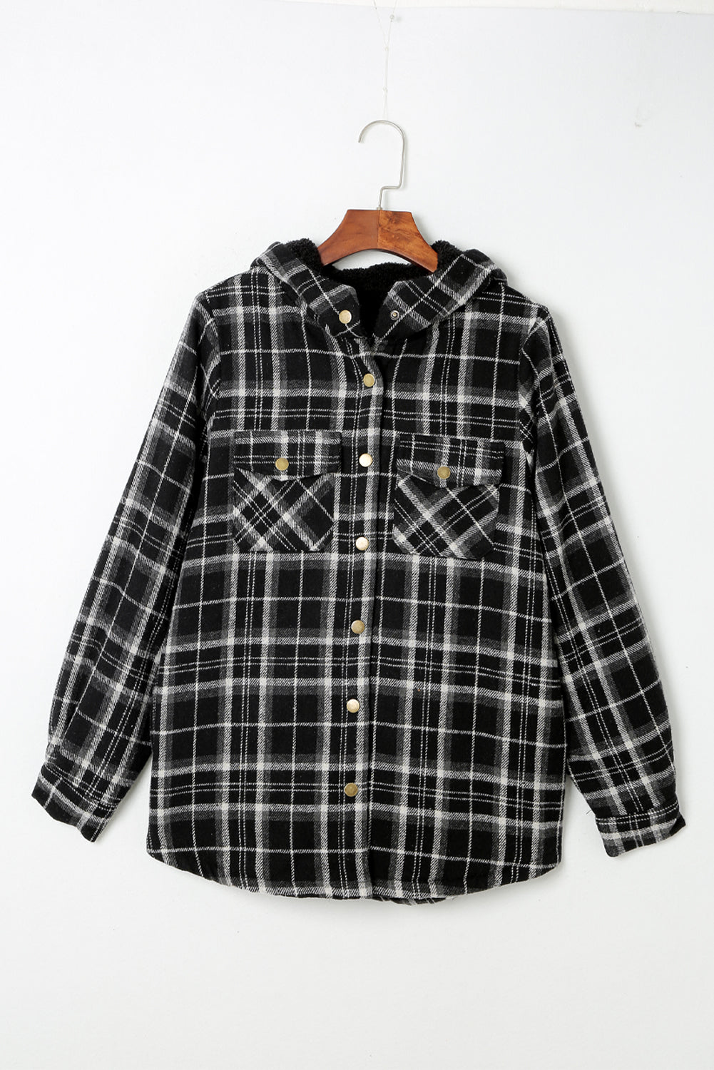 Orange Plaid Pattern Sherpa Lined Hooded Shacket
