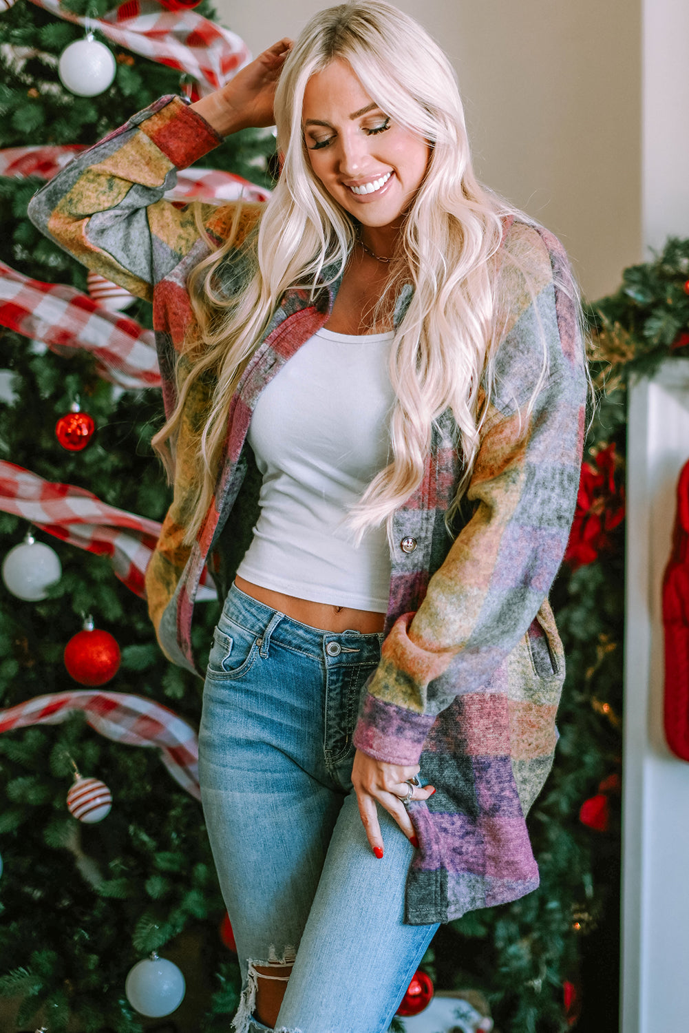 Multicolor Brushed Plaid Buttoned Pullover Oversized Hoodie