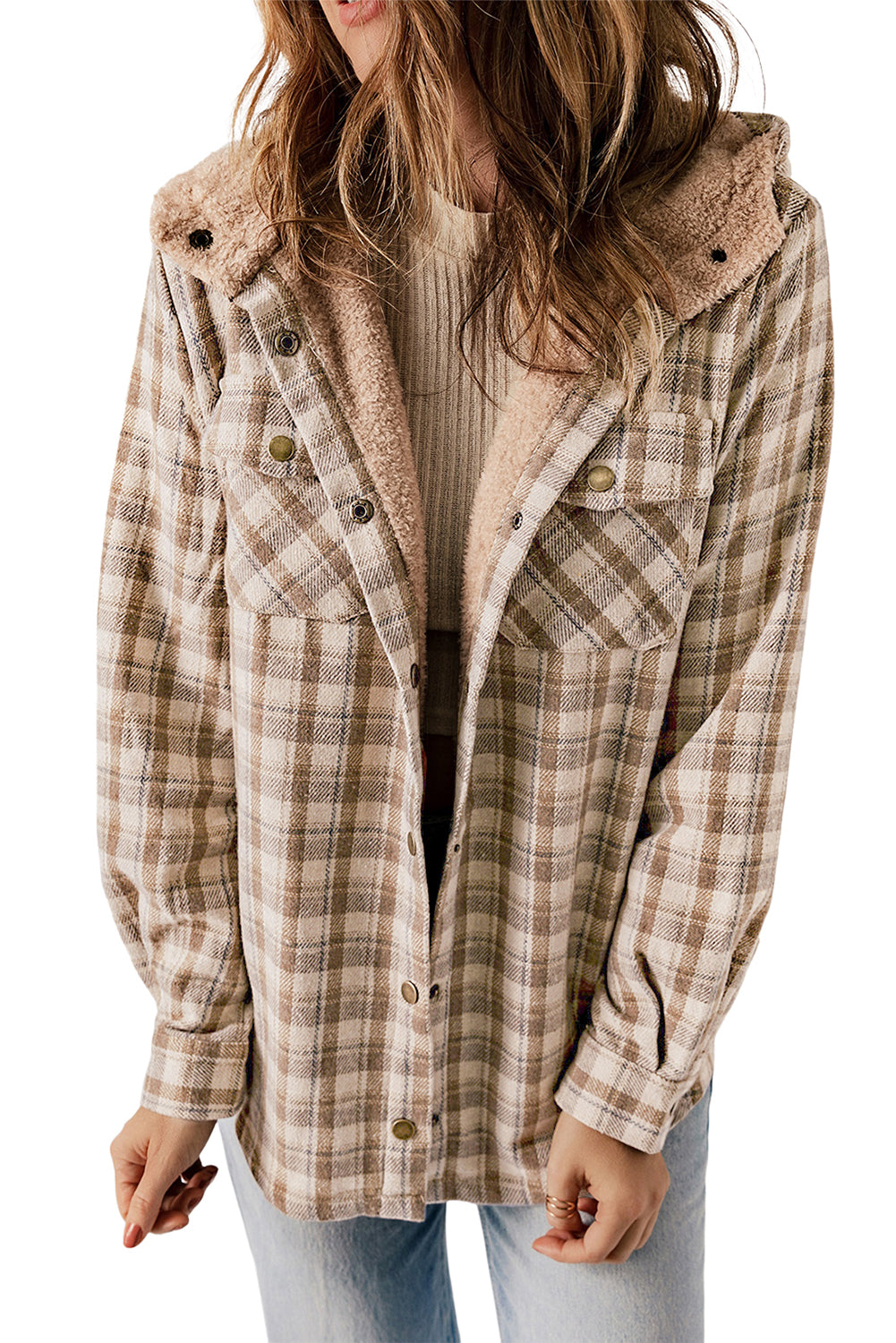 Orange Plaid Pattern Sherpa Lined Hooded Shacket