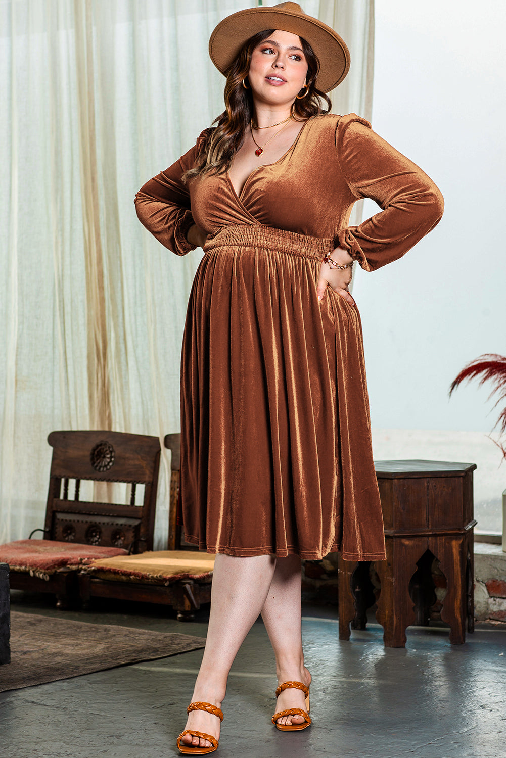 Camel Wrap V Neck Smocked High Waist Velvet Midi Dress