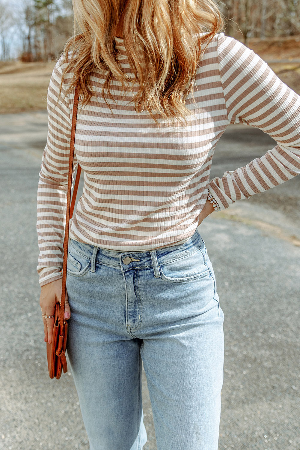 Black Striped Print Textured Knit Long Sleeve Tee