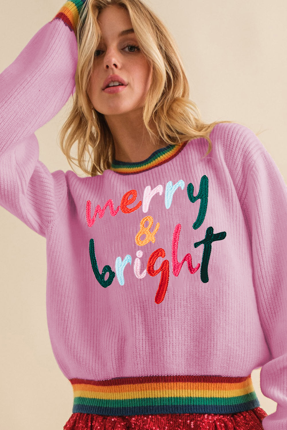 White Merry & Bright Colorful Stripes Trim Sweater