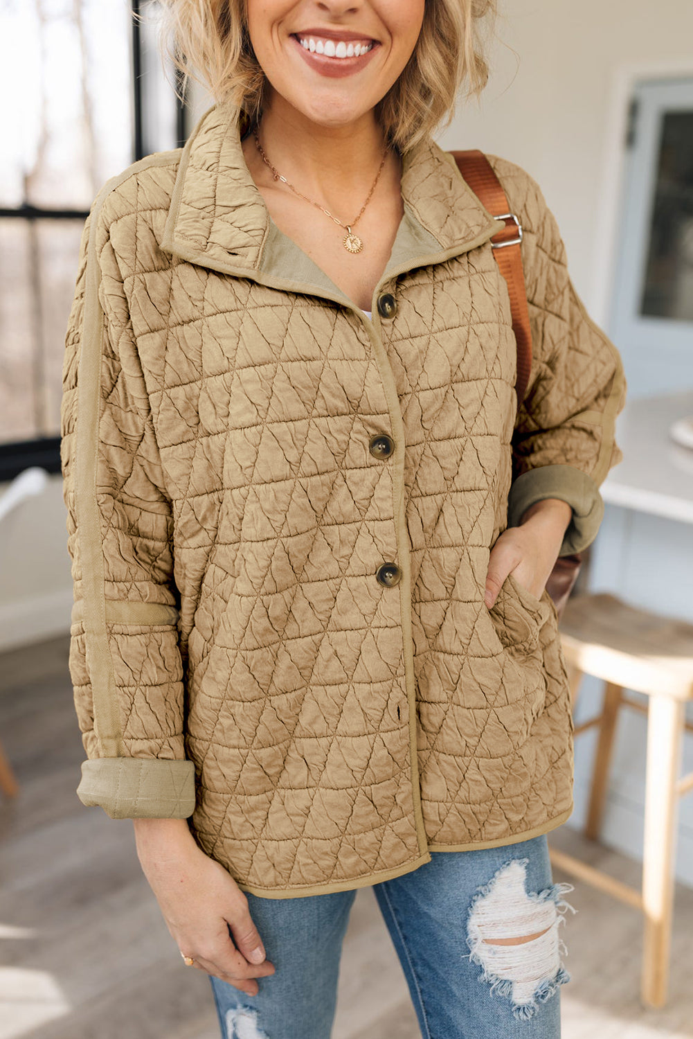 Coffee Solid Color Quilted Kangaroo Pocket Hoodie