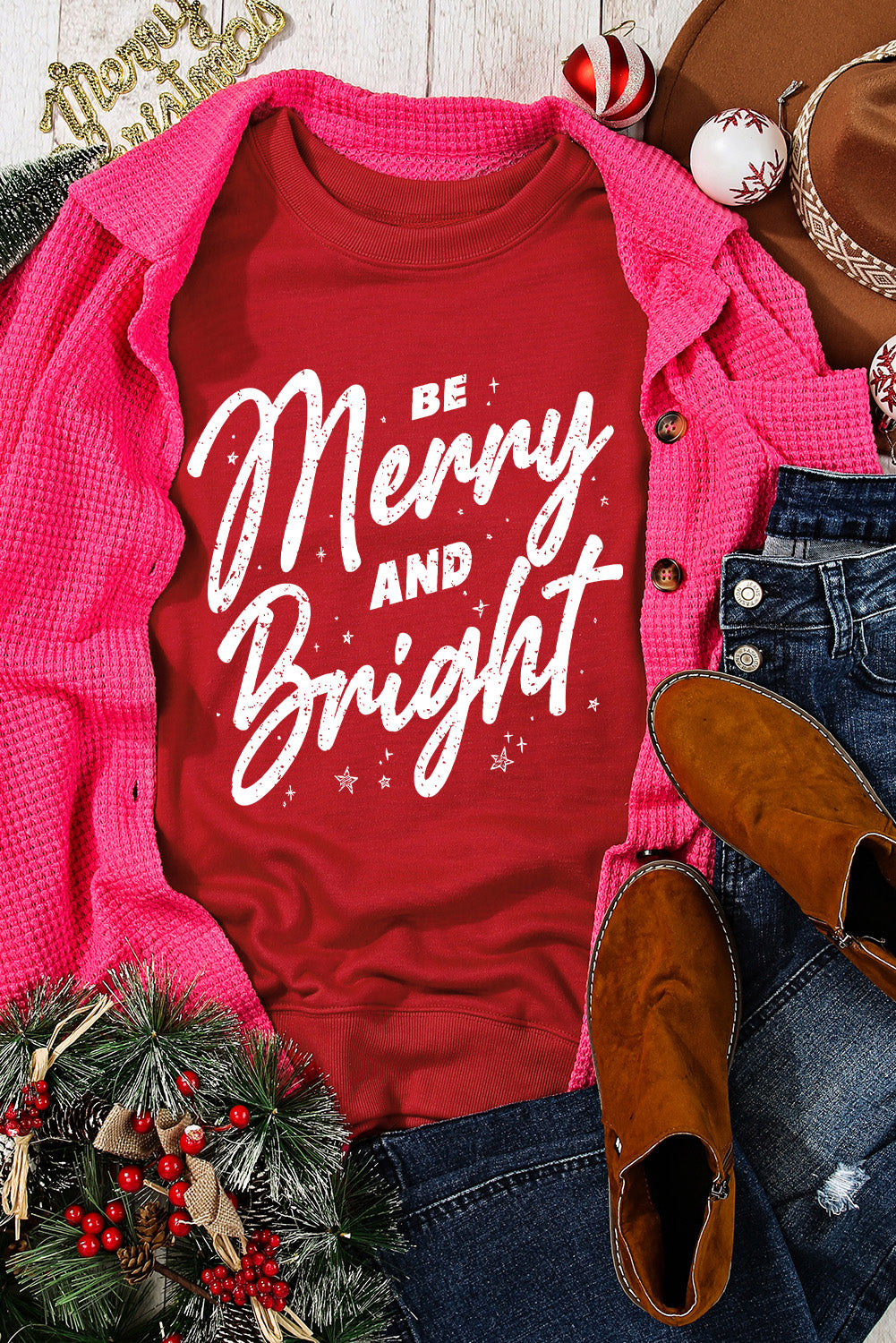 Pink MERRY Alphabet Print Loose Fit Christmas Sweatshirt