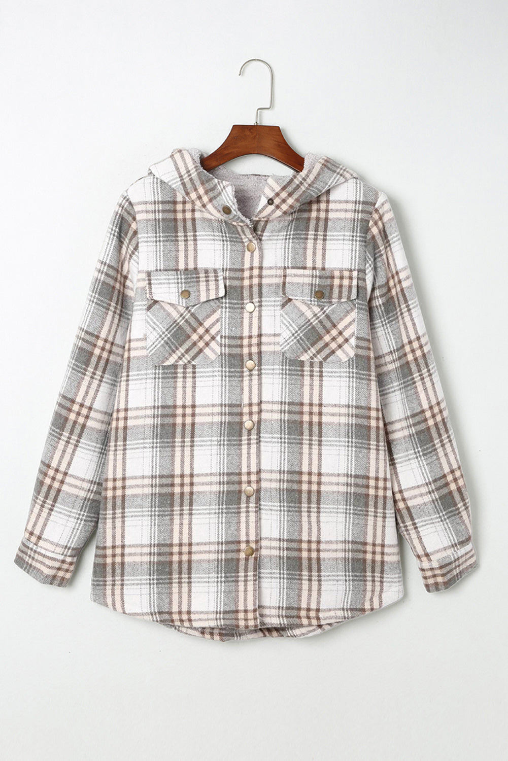 Orange Plaid Pattern Sherpa Lined Hooded Shacket