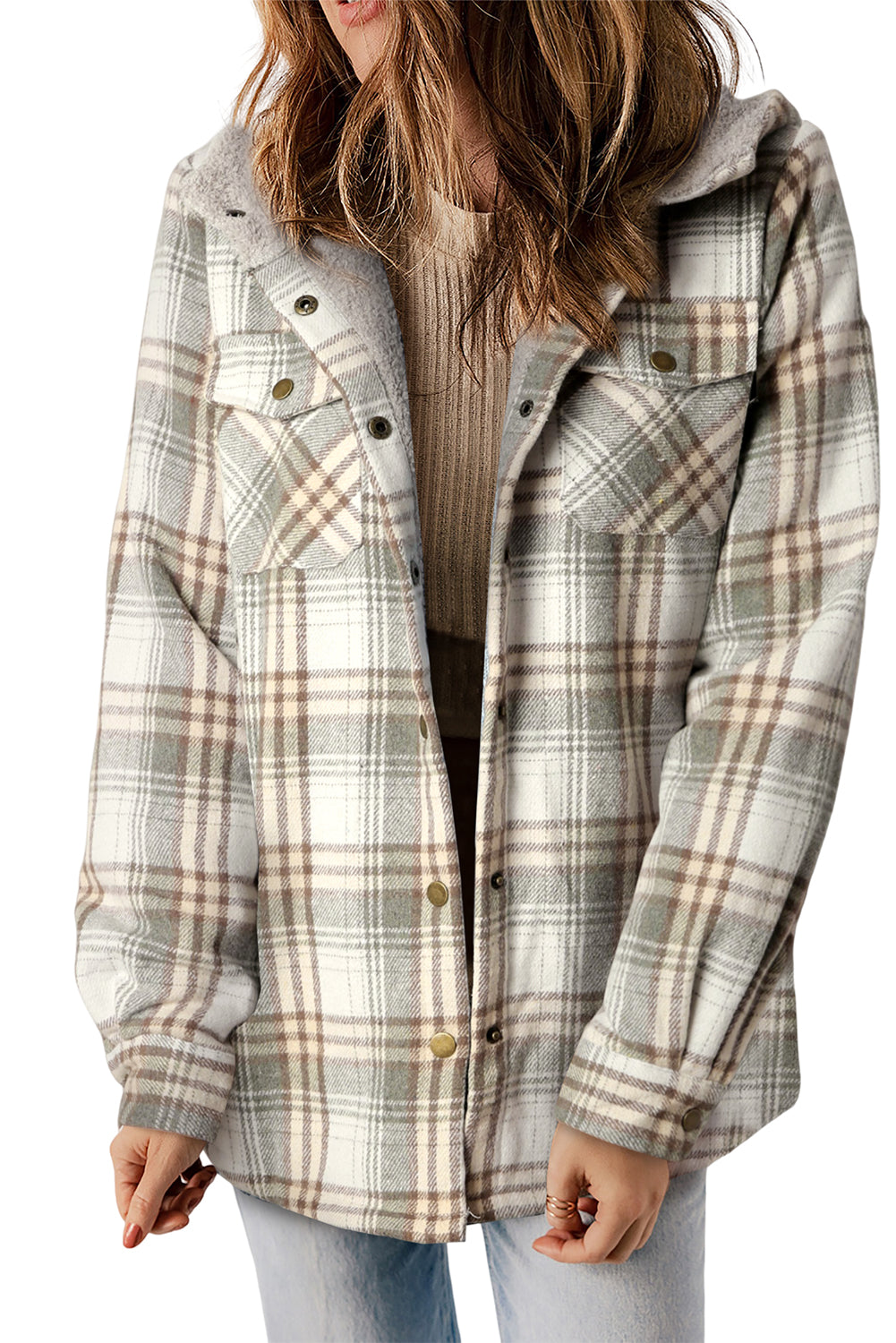 Orange Plaid Pattern Sherpa Lined Hooded Shacket