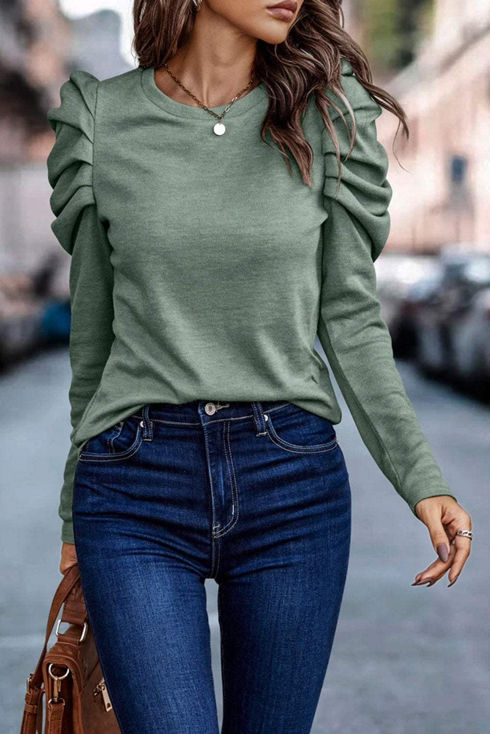 Gray Buttoned Puff Long Sleeve Sheath Top