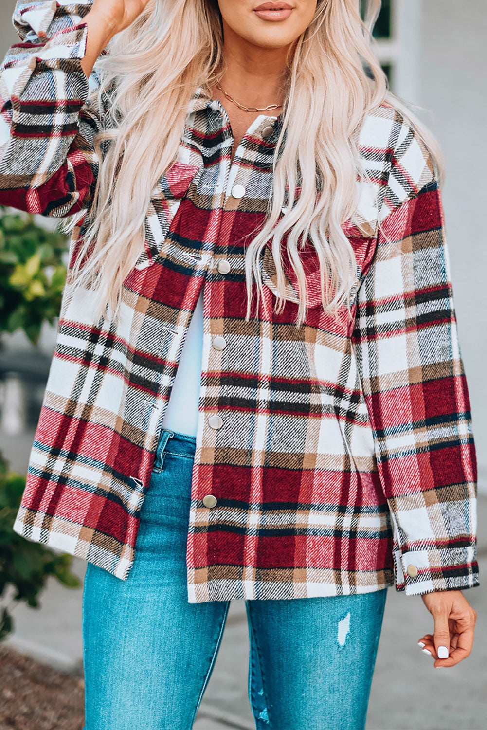 Navy Blue Plus Size Plaid Flap Pocket Shacket