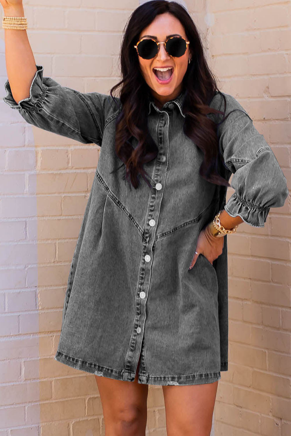 Gray Sequin Nutcracker Graphic Long Sleeve Shirt Denim Dress