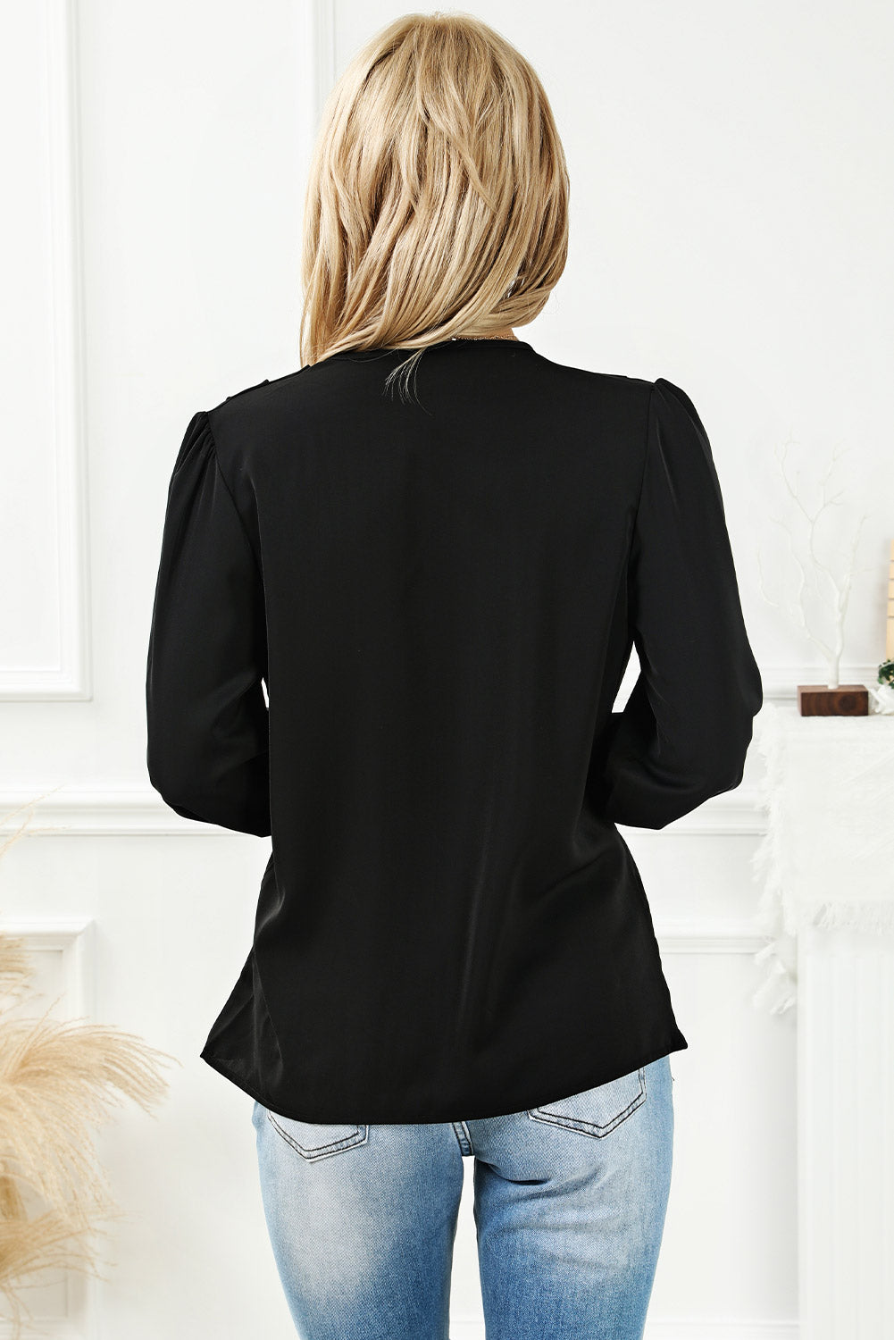 Khaki Solid Surplice Neck Shirred Cuffs Draped Blouse