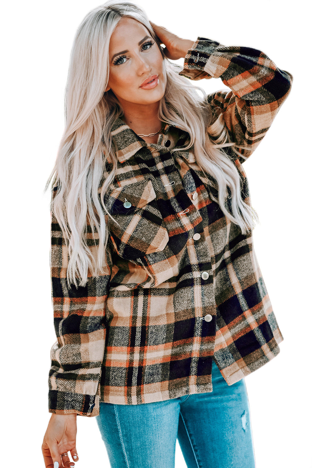 Navy Blue Plus Size Plaid Flap Pocket Shacket