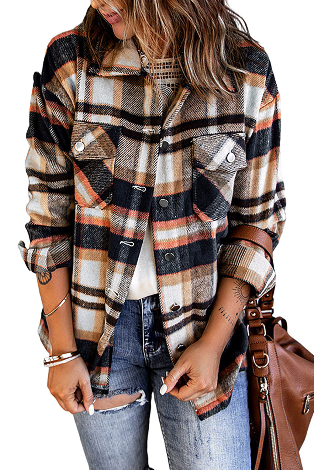 Navy Blue Plus Size Plaid Flap Pocket Shacket