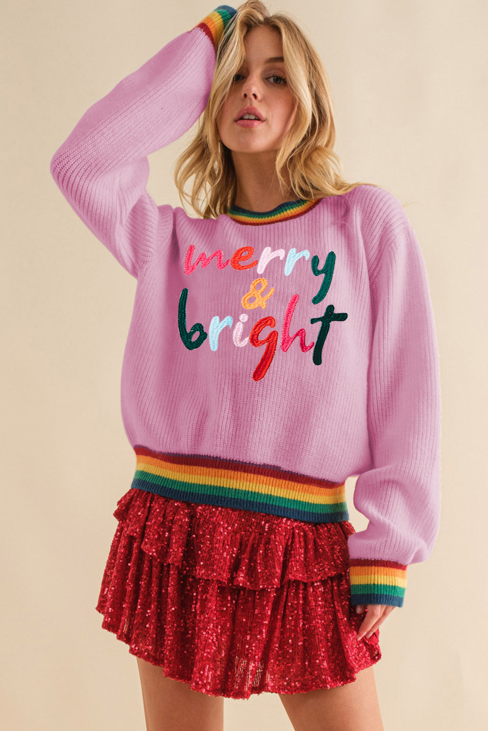 White Merry & Bright Colorful Stripes Trim Sweater