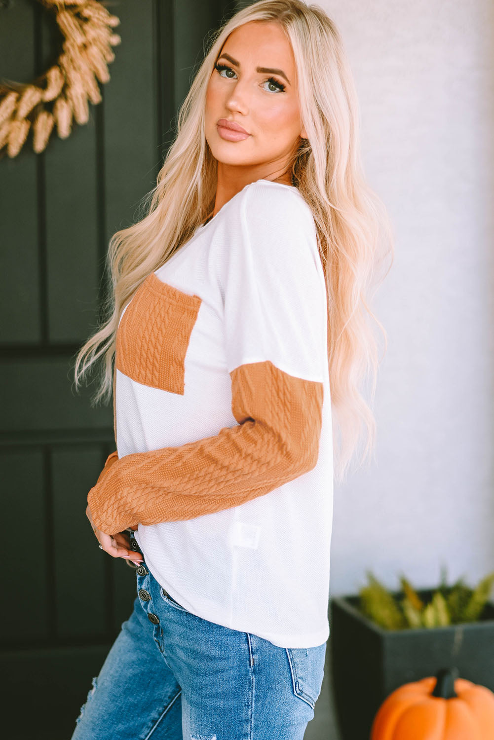 Black Long Sleeve Colorblock Chest Pocket Textured Knit Top