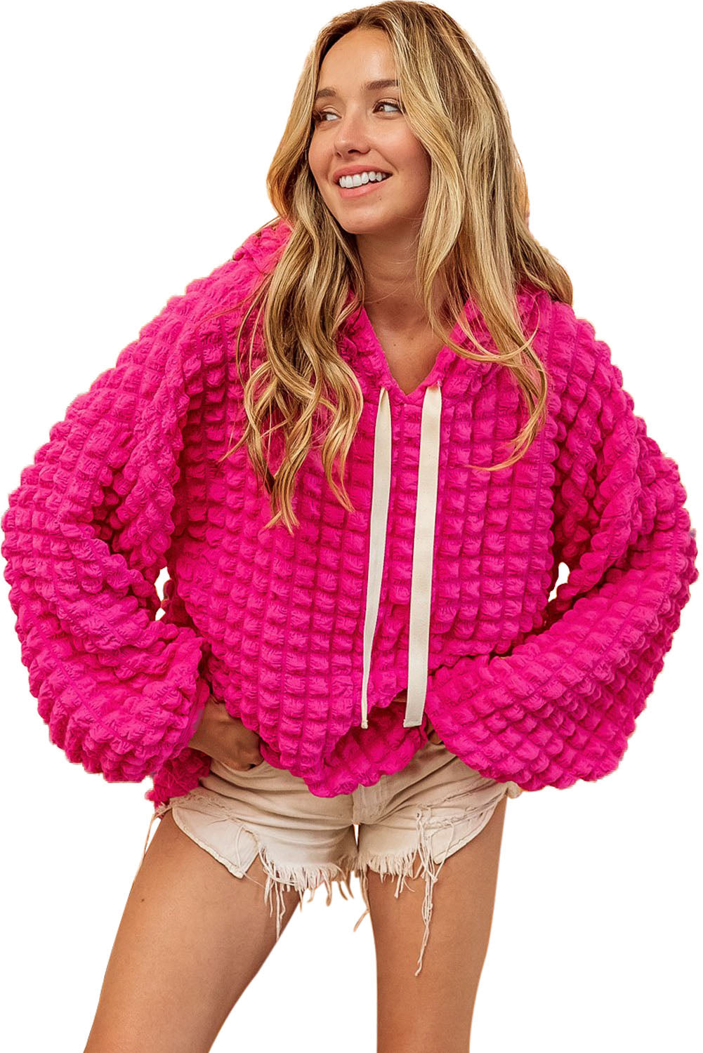 Green Bubble Textured Waffle Hoodie