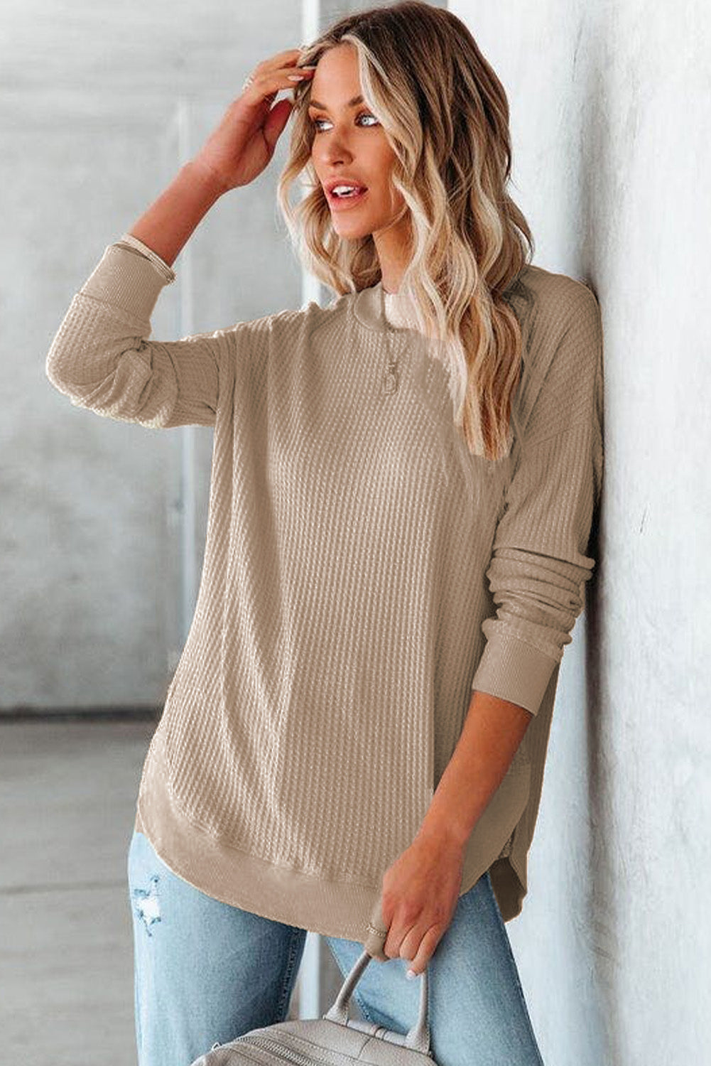 Pink Crew Neck Ribbed Trim Waffle Knit Top