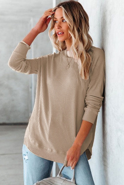 Pink Crew Neck Ribbed Trim Waffle Knit Top