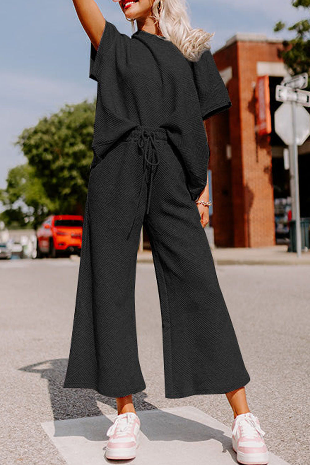 Black Ultra Loose Textured 2pcs Slouchy Outfit