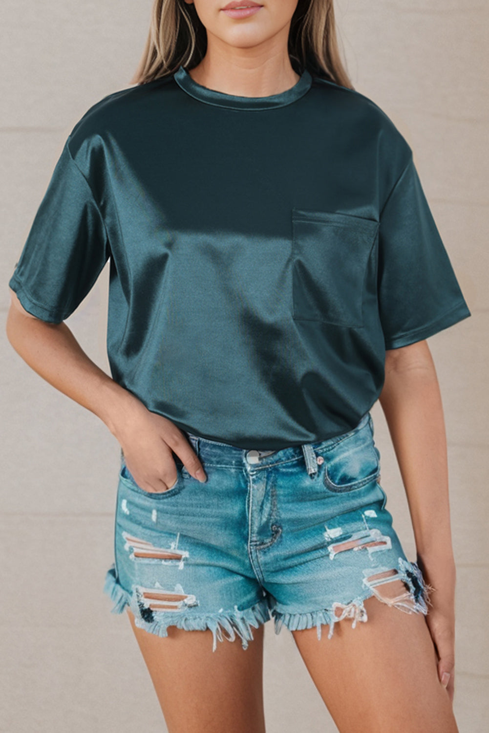 Apricot Glitter Chest Pocket Round Neck Long Sleeve Top