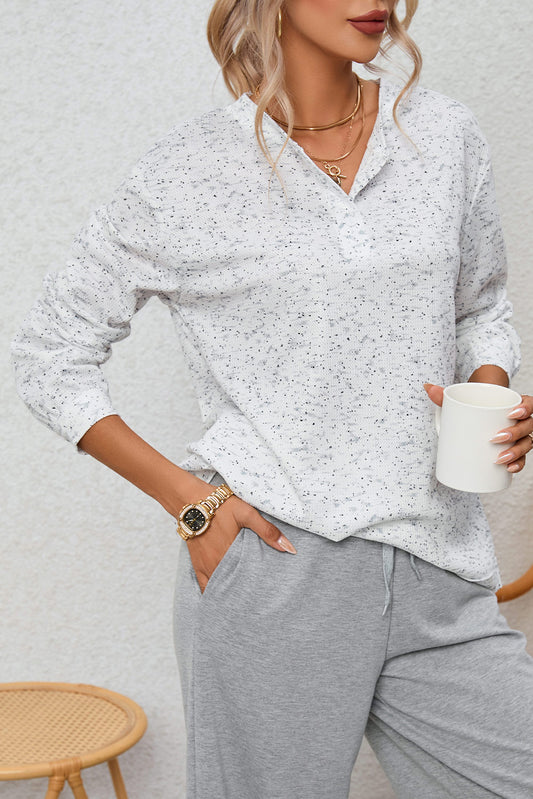 Gray Slouchy Heather Rib Knit Long Sleeve Henley Top