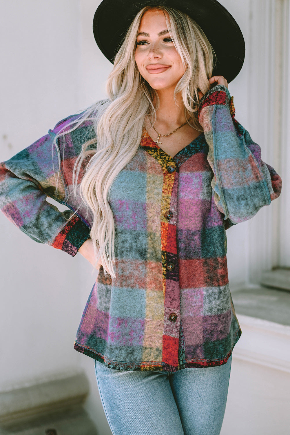 Multicolor Brushed Plaid Buttoned Pullover Oversized Hoodie