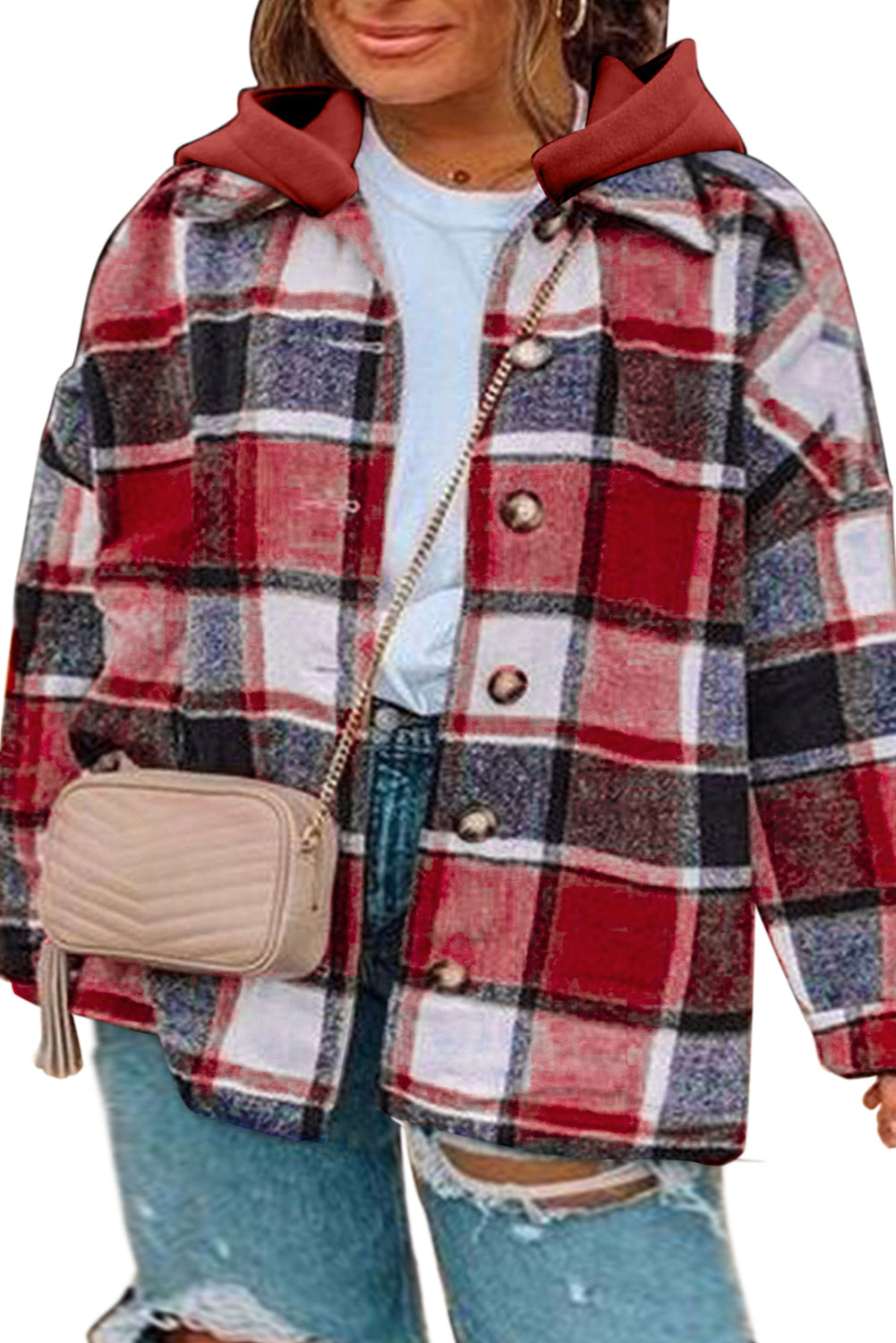 Orange Hooded Plaid Button Front Shacket